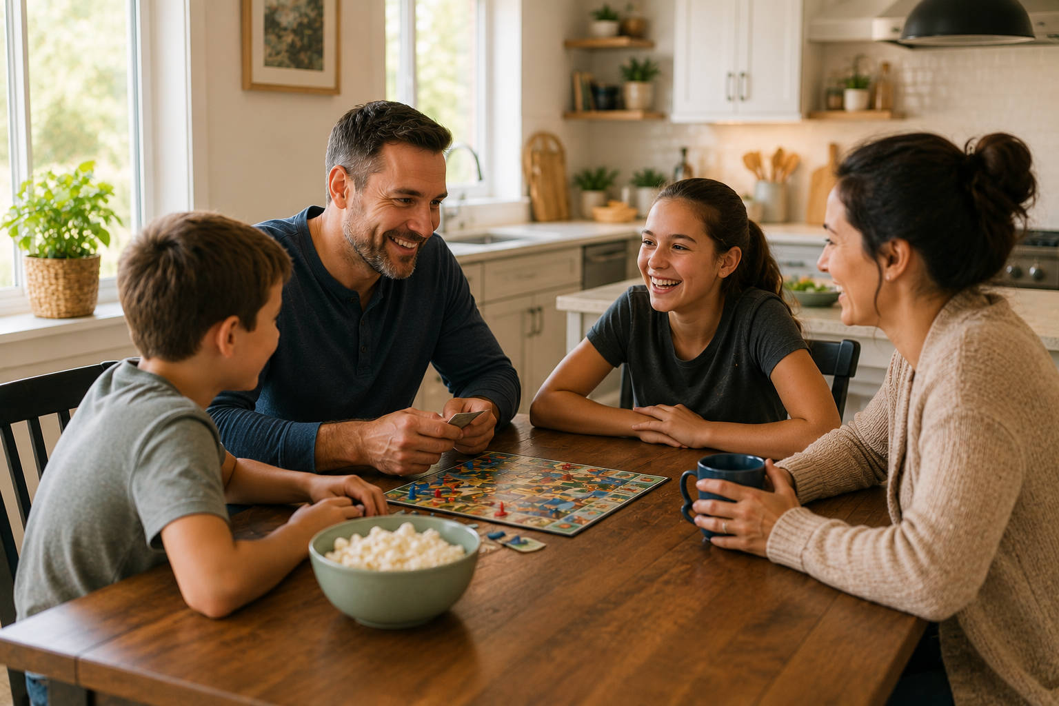 A happy family sitting around a wooden dining table laughing and playing a board game together, illustrating family support in addiction recovery.