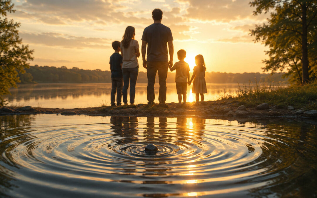 Silhouette of a family of five standing by a calm lake at sunset, watching a stone create ripples in a puddle in the foreground, symbolizing the ripple effect of healing.