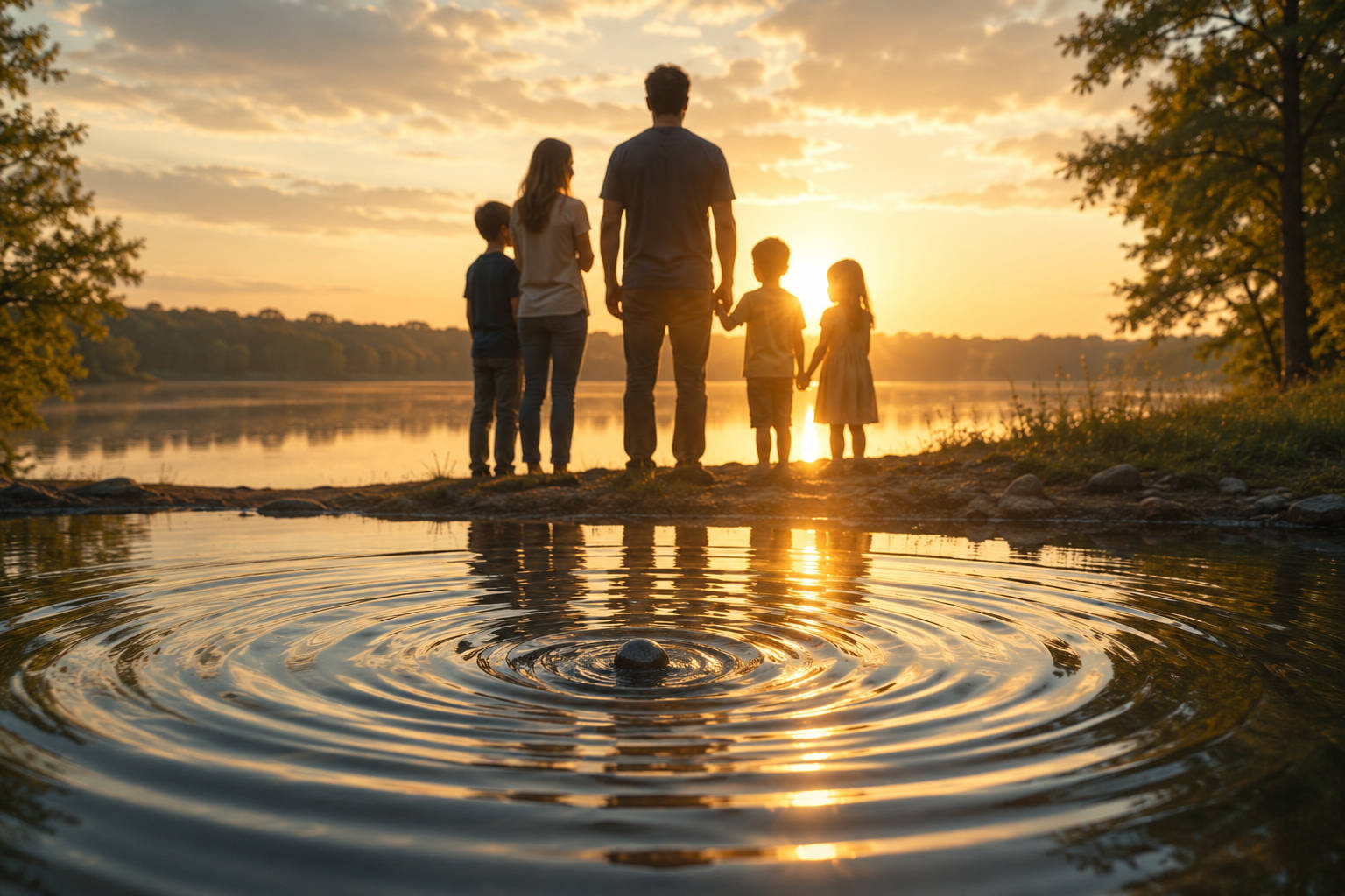 Silhouette of a family of five standing by a calm lake at sunset, watching a stone create ripples in a puddle in the foreground, symbolizing the ripple effect of healing.