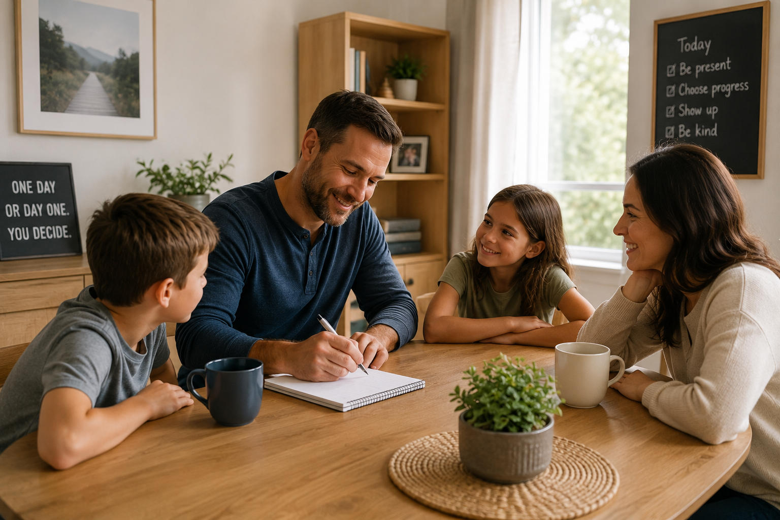 A smiling father writing in a notebook at the kitchen table while his wife and two children look on supportively, demonstrating a family healing together.
