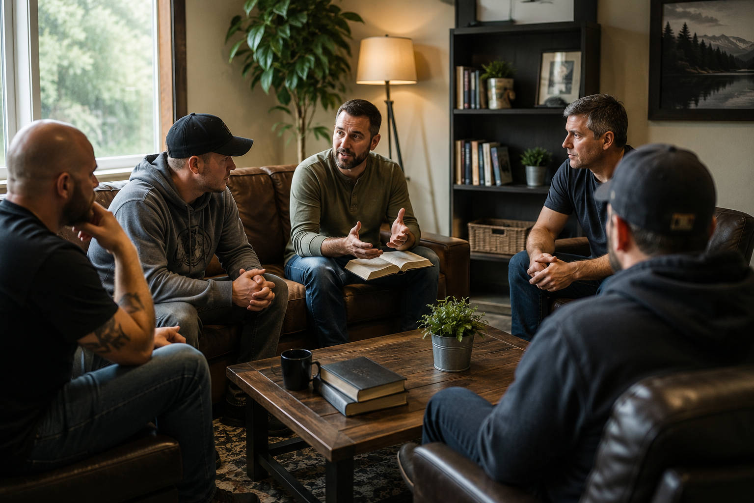 A group of men sitting together on leather couches in a comfortable living room, engaging in a supportive group discussion as part of a holistic recovery approach.