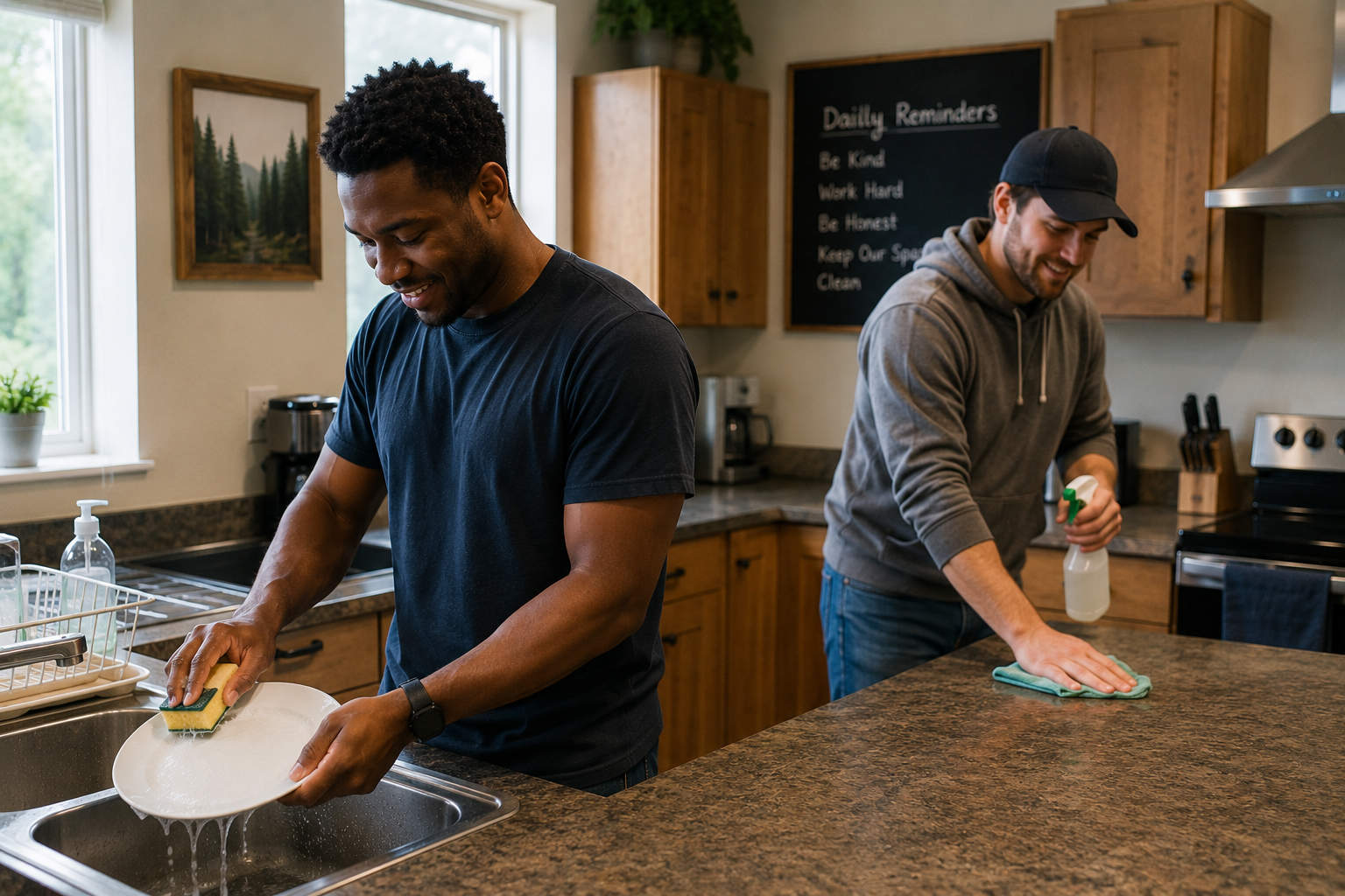 Two men smiling while working together in a kitchen, with one washing dishes in the sink and the other wiping down the countertop, illustrating life skills after rehab.