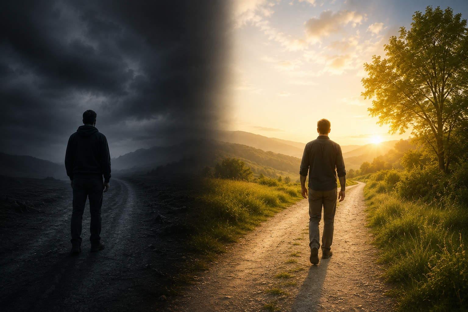 A split image showing a man walking from a dark, stormy landscape on the left into a bright, sunlit path with green grass and a tree on the right.