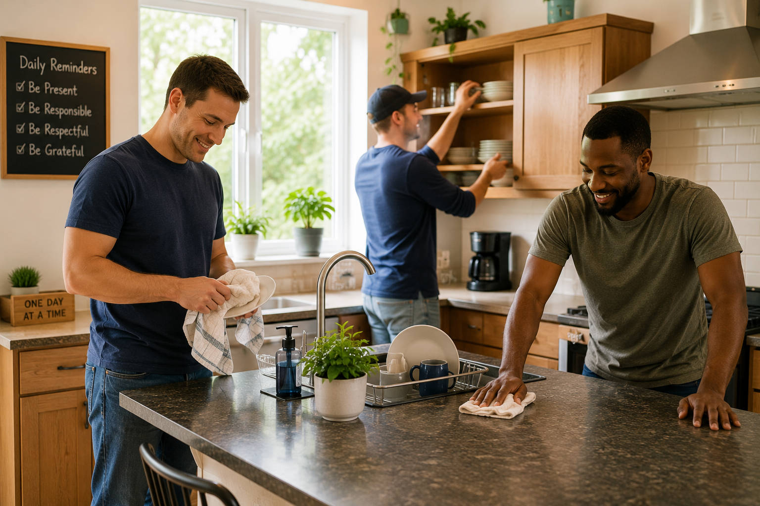hree men smiling and working together in a bright kitchen, washing, drying, and putting away dishes, showcasing daily routines and accountability in sobriety.