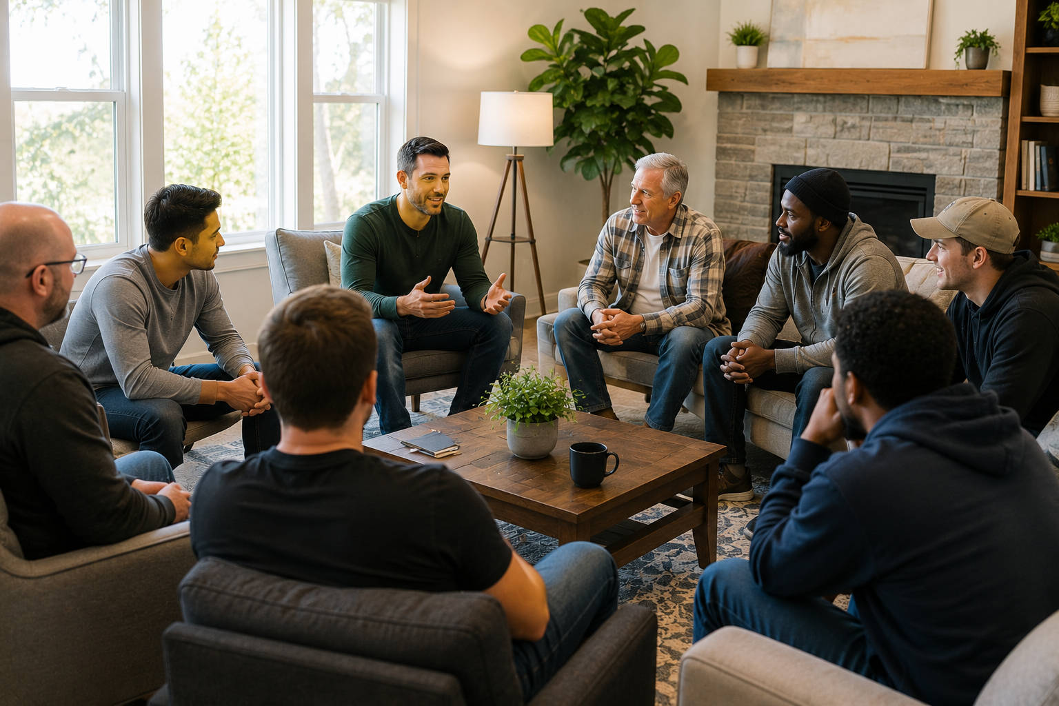 A group of men sitting in a circle in a comfortable living room, actively listening to a man speaking, representing the power of a supportive recovery community.