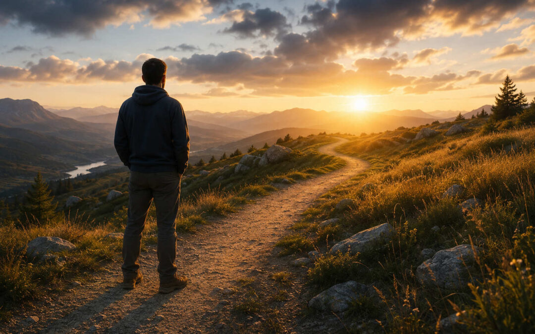 A man standing on a dirt path in the mountains, looking toward a bright sunrise over distant hills, representing the start of a recovery journey.