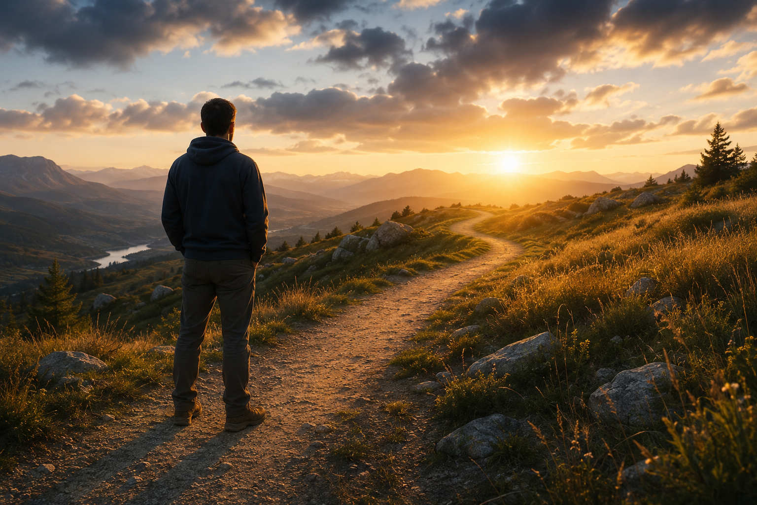 A man standing on a dirt path in the mountains, looking toward a bright sunrise over distant hills, representing the start of a recovery journey.