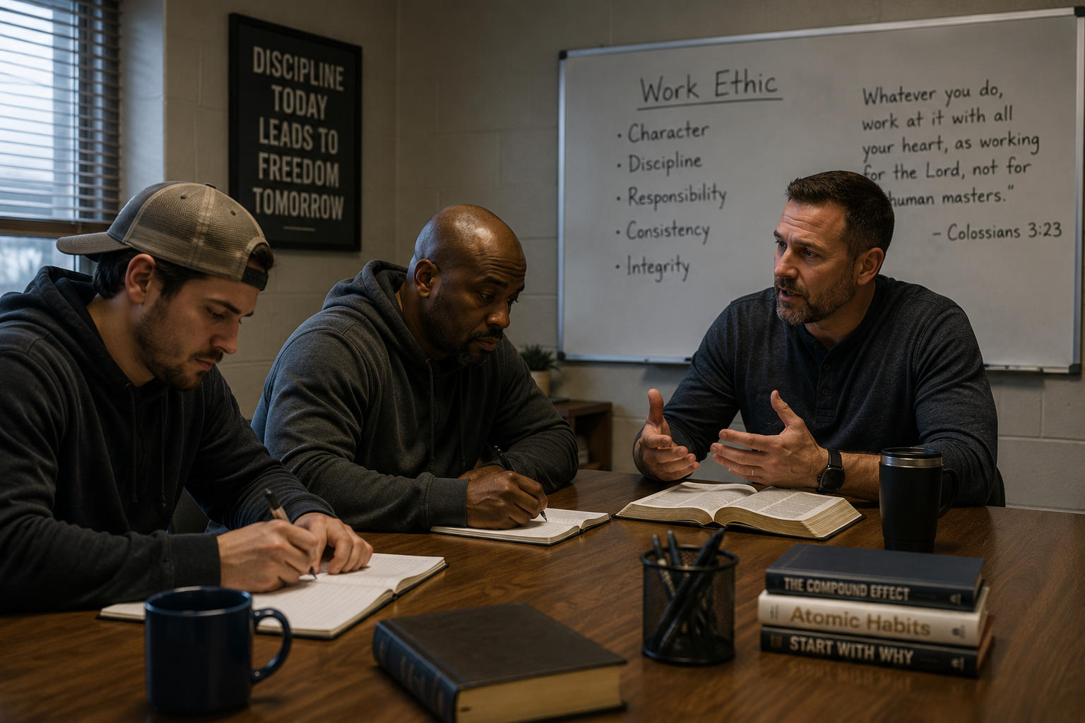 Three men sitting around a wooden table during a structured life skills workshop, with personal growth books on the table and a whiteboard outlining "Work Ethic."