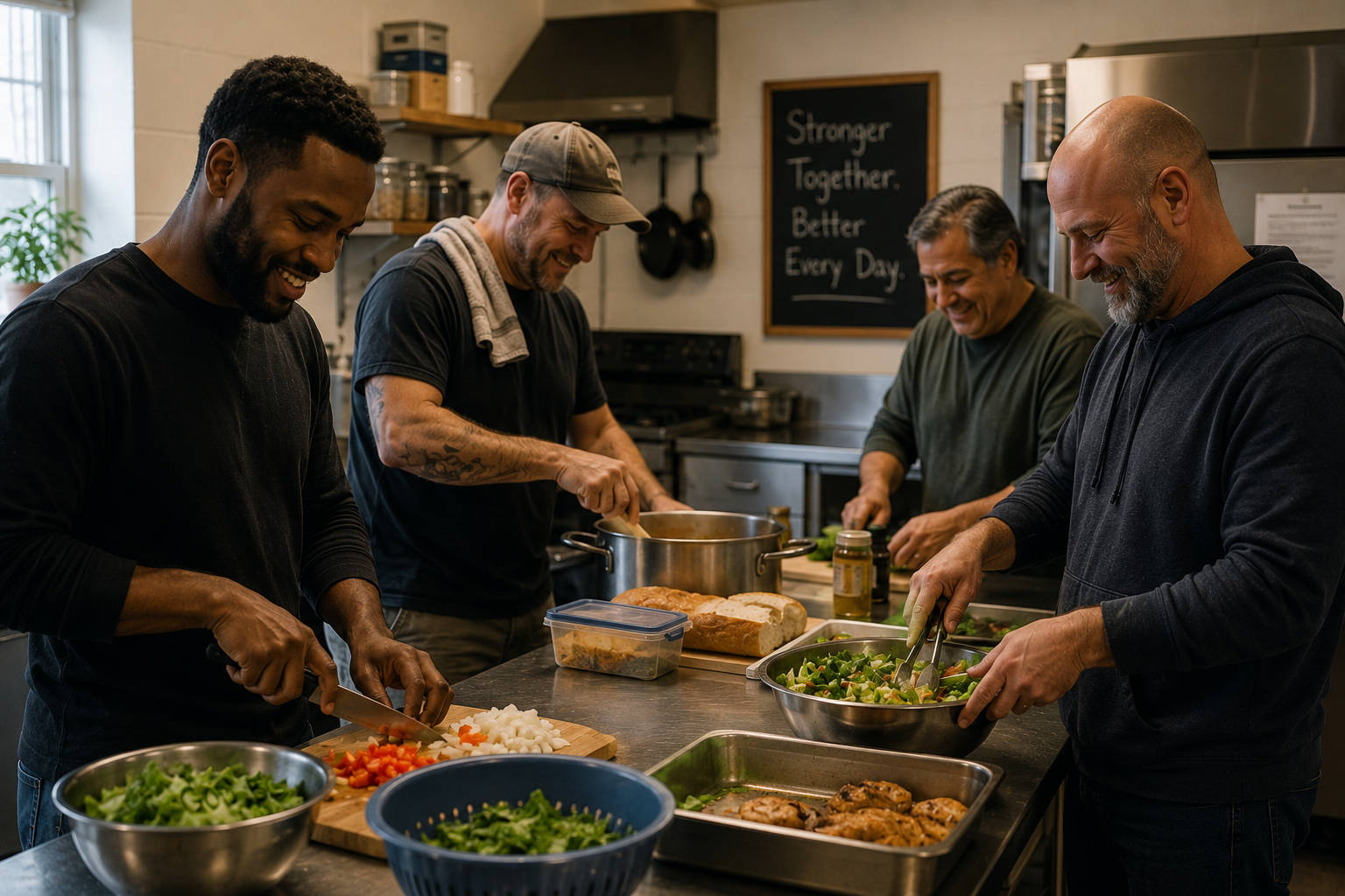 A group of cheerful men working together in a commercial kitchen preparing a healthy meal, chopping vegetables and stirring a large pot.