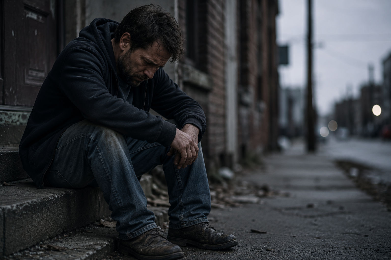 A man in a dark hoodie sitting dejectedly on concrete steps in an urban alleyway, looking downward in deep reflection.