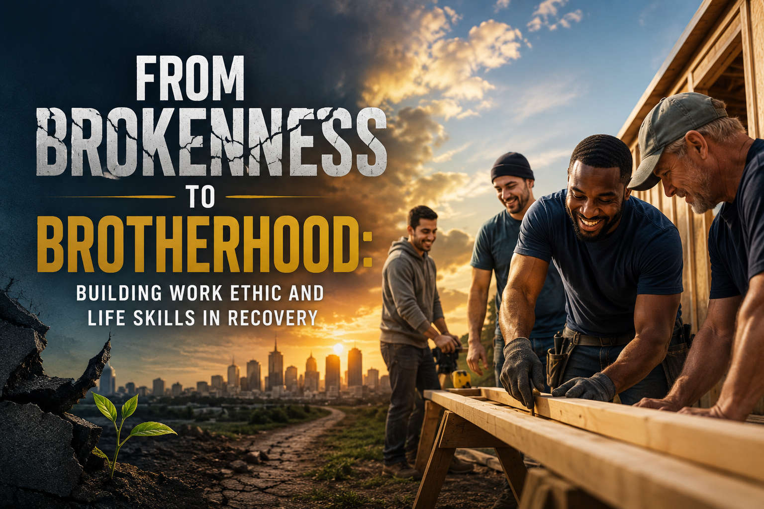 A group of men smiling and working together on a construction project, holding wooden beams at sunrise with a city skyline in the background; text overlay reads "From Brokenness to Brotherhood."