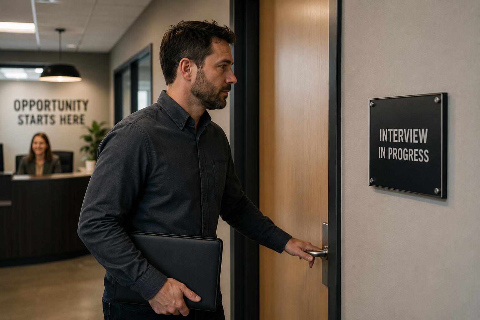 A well-dressed man holding a professional leather folder walking up to an office door with a sign that reads "Interview In Progress."