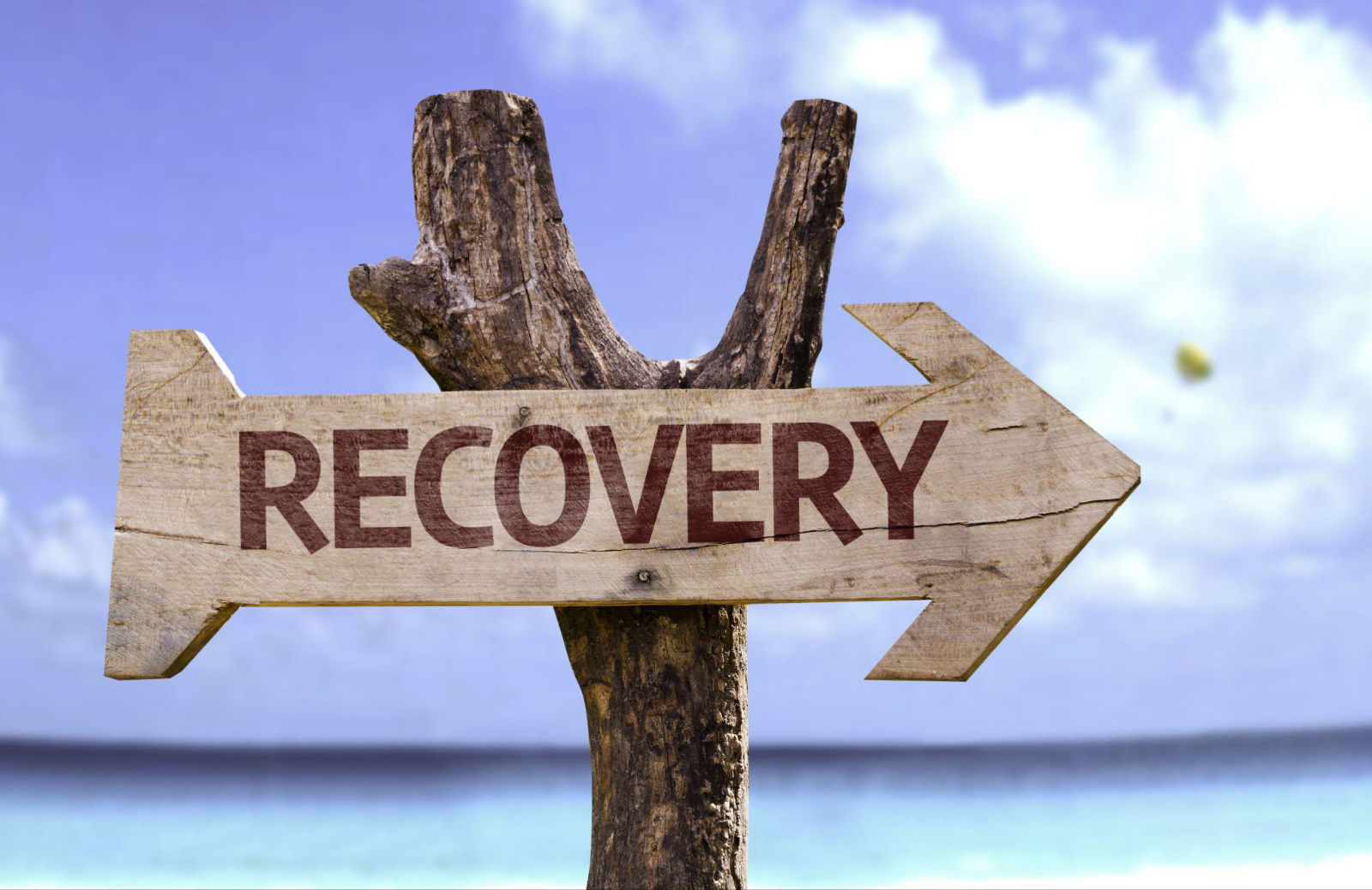 Wooden directional signpost pointing toward recovery against a blue sky background