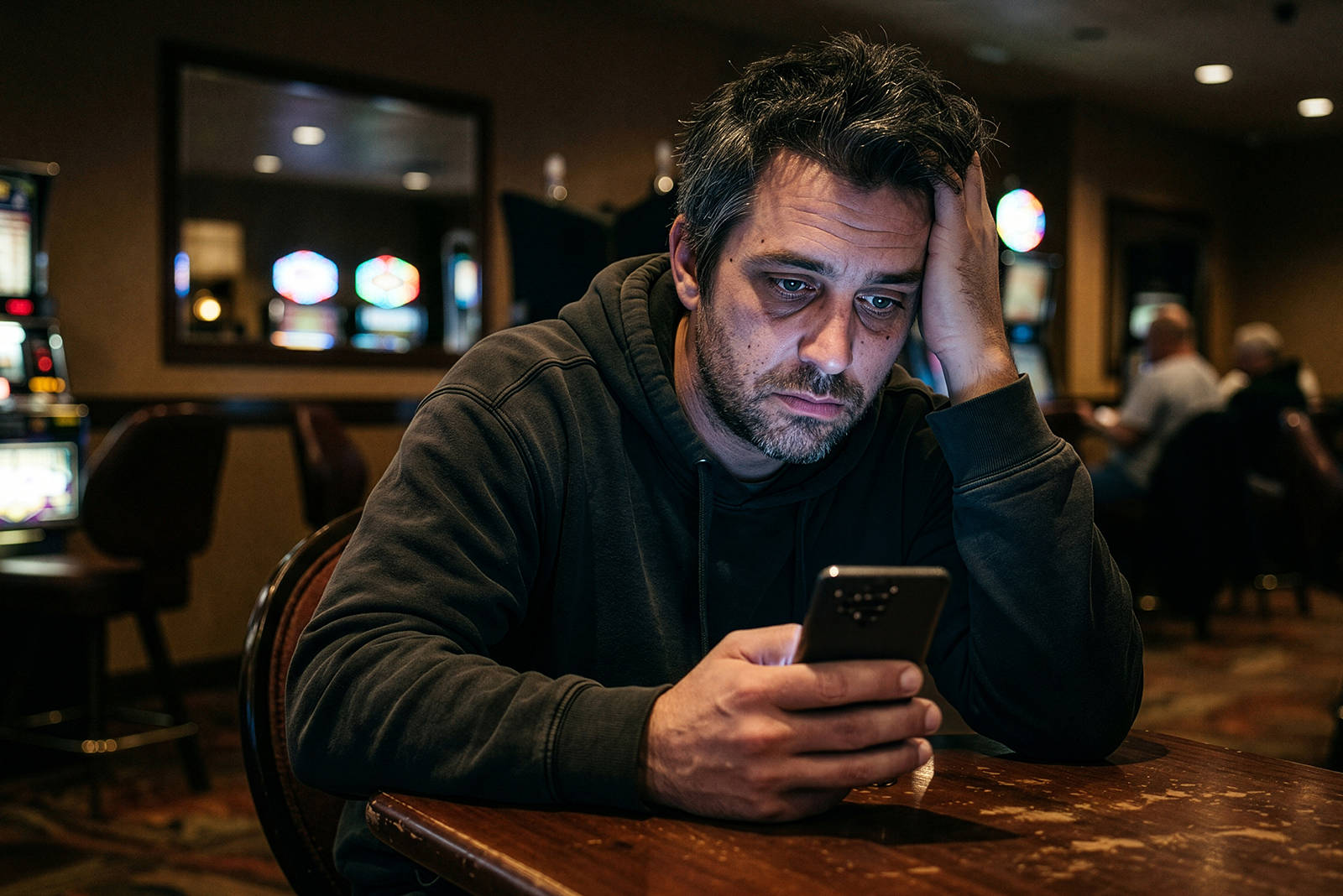 A distressed man holding his head while looking at a smartphone, considering how to know if you need rehab.