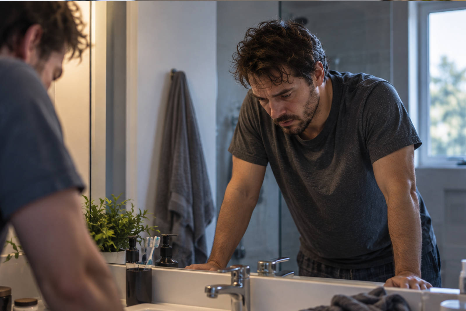 A tired man leaning against a bathroom mirror looking at his reflection, reflecting the physical signs of substance abuse and fatigue.