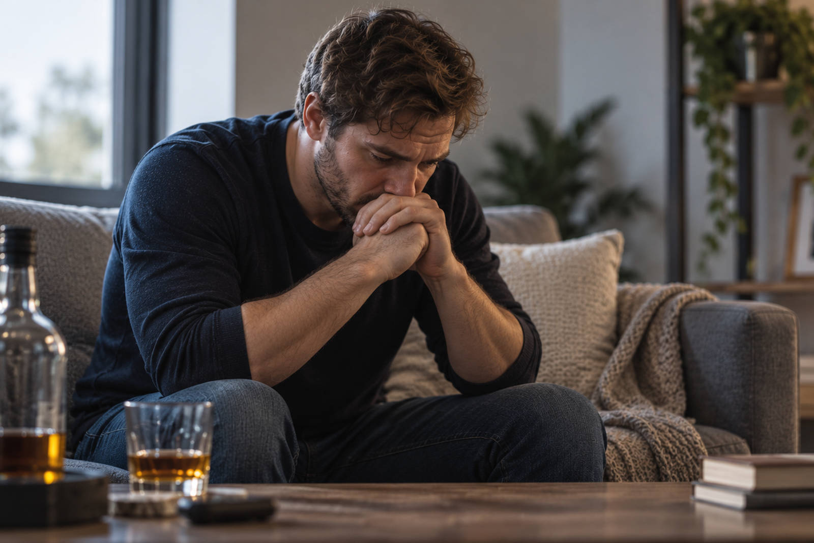 signs-of-addiction-man-struggling-with-alcohol A contemplative man sitting on a sofa looking down near a bottle and glass of alcohol, illustrating early signs of alcohol addiction.