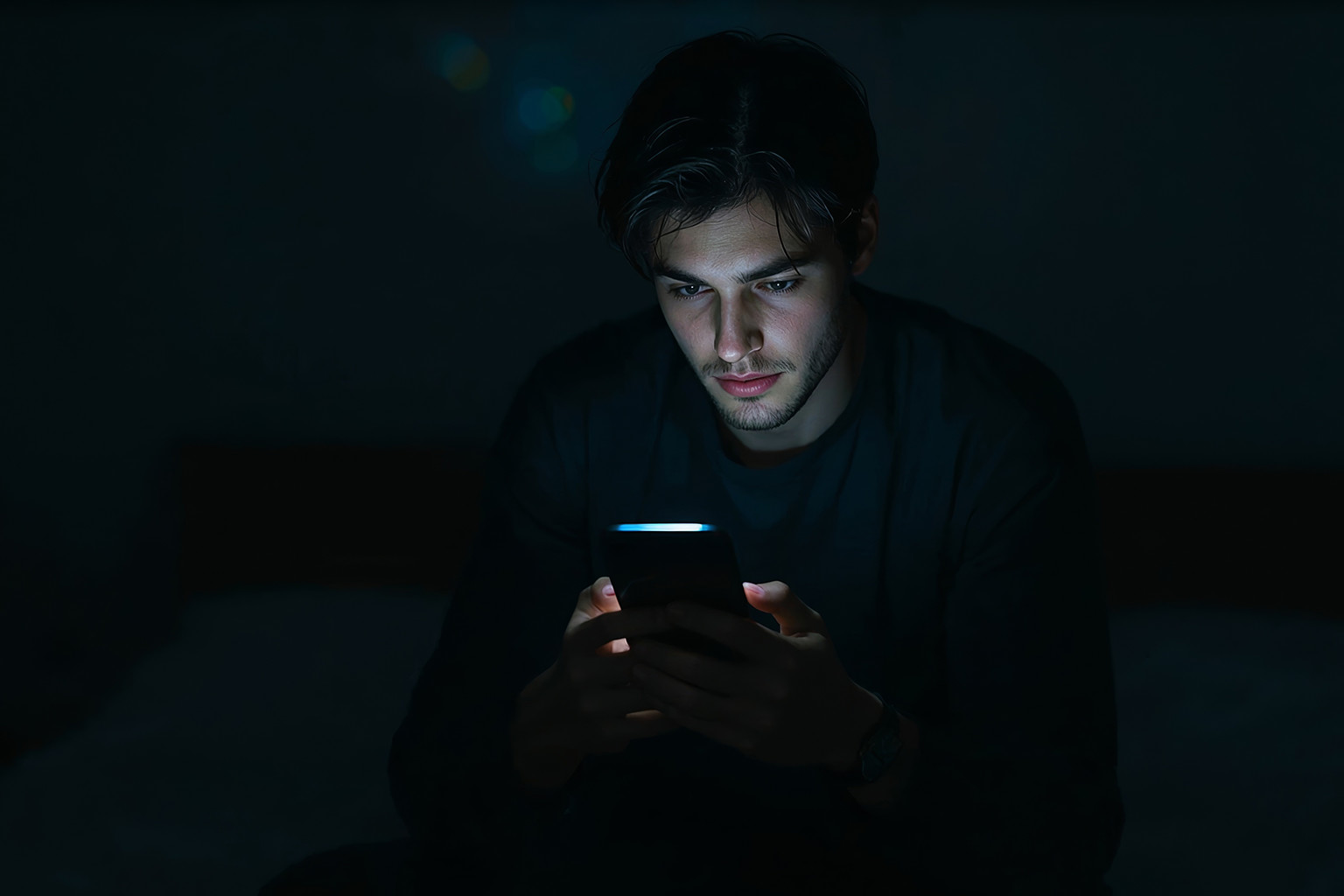 Young man looking at his smartphone in a dark room, reaching out for support during a difficult moment in recovery.