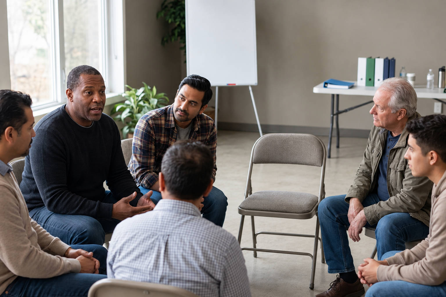 Group of men sitting in a circle during a support group meeting, discussing addiction recovery and early warning signs.